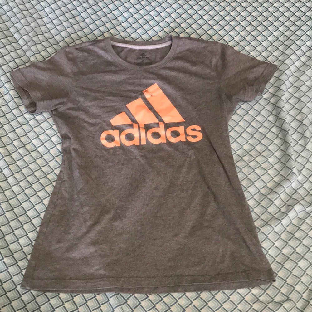 Gray and pink athletic adidas t- shirt for girls.